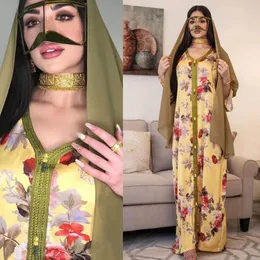 Ethnic Clothing AB077 Drop Elegant Plus Size Dress Yellow Floral Abaya 2021 Woman Muslim Female Jalabiya Arabic Clothes World Apparel