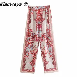 Women Vintage Totem Floral Print Elastic Waist Casual Wide Leg Pants Retro Female Chic Pocket Summer Long Trousers 210521