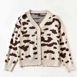 Fall och vinter Kvinnors Fashion V-Neck Leopard Print Knit Cardigan Single-breasted Tryckt Casual Sweater 210521