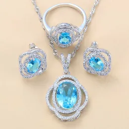 Charm Sky Blue Zircon Silver Color Hollow Jewelry Sets For Women Costume 12-Color Sets H1022
