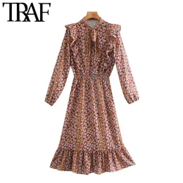 TRAF Kadınlar Chic Moda Çiçek Baskı Ruffled Midi Elbise Vintage Yay Bağlı Yaka Elastik Bel Kadın Elbise Vestidos 210415