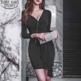 Moda Nightclub Thin Bloting Sexy Sukienka V-Neck Kobiety Koreańska Płaszcza Czarne Suknie Vestidos Feminino 13007 210417