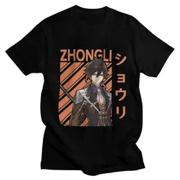 Zhongli Genshin Impact T Shirt for Men Soft Cotton Tees Tops Anime Game Tshirts Short Sleeved Urban Harajuku T-shirt Gift Y0901