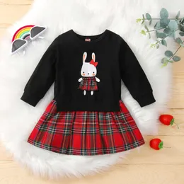 Xmas nyfödd baby flicka klänning vinter långärmad tecknad kanin patchwork plaid tryckt prinsessa klänning jul kostym vestido g1026