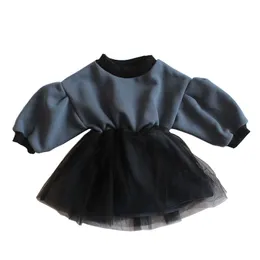 Winter baby plus cashmere sweater stitching mesh girls dress toddler clothes flower dresses 210515