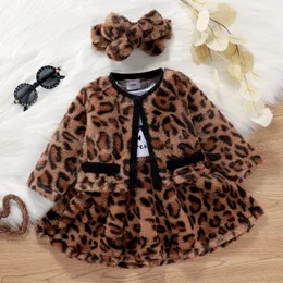 Autumn Kids Infant Baby Girls Leopard Coat Dress Headband Set Long Sleeve High Waist A-Lined Midi Zipper Cardigan Suit