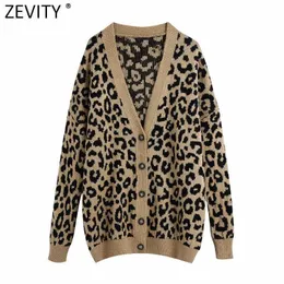 Zevity Women Vintage V Neck Leopard Print Cardigan Knitting Sweater Female Chic Long Sleeve Single Breasted Slim Tops S616 210603