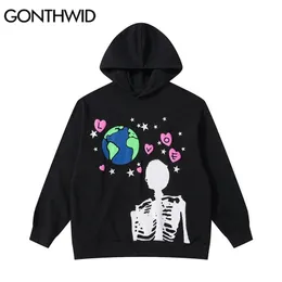 Gonthwid Hip Hop Hoodie Bluza Streetwear Ziemia Szkielet Print Punk Gothic Z Kapturem Zima Harajuku Bawełniany Pulower Black 211230