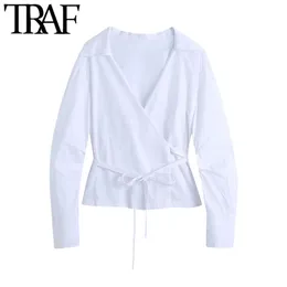 Kvinnor mode med bundet crossover vita blusar vintage långa pläterade ärm kvinnliga skjortor blusas chic toppar 210507