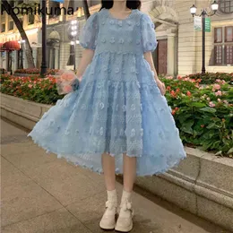 Nomikuma 3D kwiat dekoracji niebieski sukienka kobiety lato o neck z krótkim rękawem linii wysokiej talii sukienki słodkie eleganckie vestidos 210514