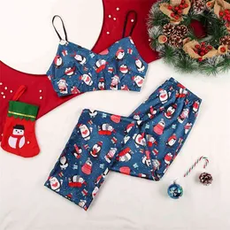 HECHAN Cute Penguin Pattern Female Sleepwear Satin Spaghetti Strap Print Pants Christmas Pajamas Women 2 Piece Set Homewear Suit 210330