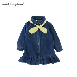 Mudkingdom Girls Denim Dress Toddler Kids Baby Långärmad Med Gul Tie Barnkläder 210615
