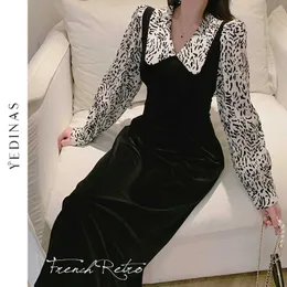 Yedinas Höst Elegant Kvinnor Klä Sexig Vintage Långärmad Peter Pan Collar High Waist Slim Party Dresses Koreansk stil 210527