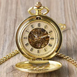 Pocket Watches Full Gold Color Skeleton Smooth Watch Hand Wind Mechanical Roman Numerals FOB Men Double Open Clock For Women