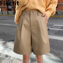 Flectit Chic Womens Leather Bermuda Shorts With Pocket Wide Leg High Waist Tailored Suit Shorts Fall Winter Plus Size S- 4XL * 210611