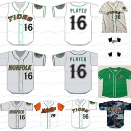 Norfolk Tides Minor League sydd baseballtröja Custom 100 % broderi Vit grå gröna skjortor sydda