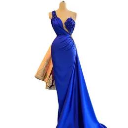 Party Dresses Azul real vestidos de baile um ombro cristal beading luxuoso vestidos de noite longos elegante feminino esta robes limited