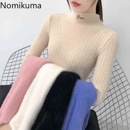 Nomikuma List Haft Half Turtleneck Swetryko Bluzy Z Długim Rękawem Slim Sweter Kobiety Koreański Moda Pull Femme 3C485 210514