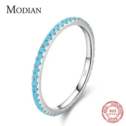 Modian 100% 925 Sterling Silver Classic Exquisite Cirkel Turkos Charm Staplable Finger Ring för Kvinnor Trendiga fina Smycken 210619