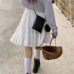 Ruffled Hollow Pleated Skirt White Thin Poncho Cake Mini Women Summer Korean Style High Waisted Short For Student 210421