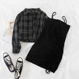 Ins female two-piece suit early autumn plaid short shirt jacket + solid suspender skirt dress 210708