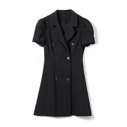 PERHAPS U Women Short Sleeve Dress Empire Mini Dress Summer Double Breasted Notch Collar Black Gray D 210529
