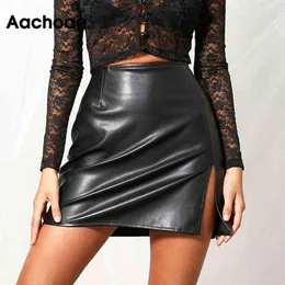 Aachaoe mode black pu faux läder mini kvinnor streetwear sexiga split kjol damer hög wasit kjolar jupe femme 210413