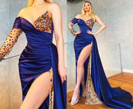 Lyxig plusstorlek Arabisk Aso Ebi Navy Blue Prom Klänningar Sweetheart One Shoulder Beaded Crystals High Split Evening Gowns Formell Party Special Occasion Dress