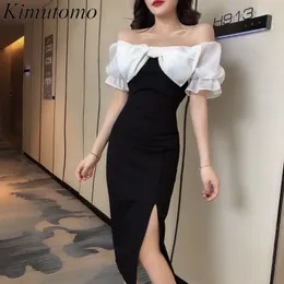 Kimutomo Elegante Midi Dress Mulheres Verão Coréia Chic Slash Slash Pescoço Bow Slim Wiast Manga Curta Split Bodycon Fashion 210521