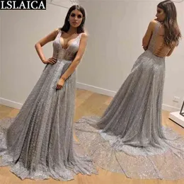 evening party dress solid color high waist Deep V-neck silver sexy backless slim fashion long elegant women 210515