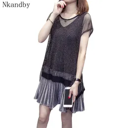 Nkandby Plus Größe Frauen Kleid Sommer Kleidung Elegante Koreanische Kurzarm Mesh Patchwork Plissee Übergroßen Dame Kleider 5XL 210331