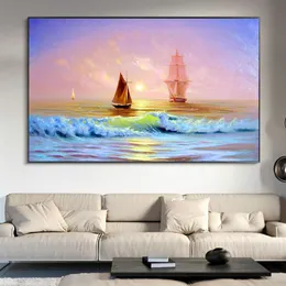 100% Ręcznie malowane Seascape Malarstwo Olejeniowe Zachód Płótno Room Decor Art Wall Boat Fale Zdjęcie 4811