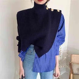 Korean Chic Autumn High Collar Side Buttons Fake Two-piece Shirt Stitching Striped Bubble Sleeve Sweater Blue women 210514