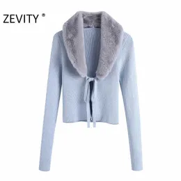 Zevity Kobiety Moda Faux Fur V Neck Patchwork Lace Up Cardigan Knitting sweter Kobiet Chic Długie Rękaw Otwórz Slim Topy S432 210603