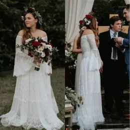 Boho Ülke Gelinlik Gelin Elbise Uzun Kollu Dantel Omuzdan Özel Yapımı Artı Boyut Tül Bir Çizgi Vestido De Novia Plajı