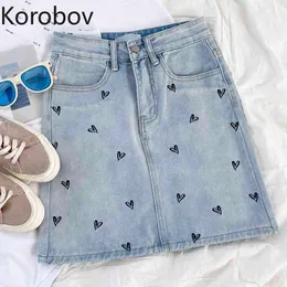 コロバフ女性ミニスカート韓国のプレッピースタイルの愛刺繍ビンテージデニムスカート新しい夏のポケットファルダマザー210430