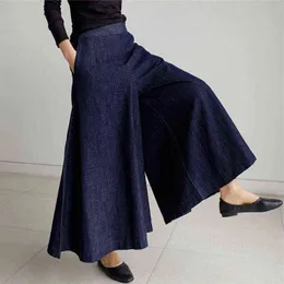Qooth kvinnor hög midja över längd jeans byxor lösa byxor fickor elastiska kvinnliga brett ben denim qt208 211129