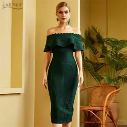 Adyce New Summer Women Green Off Shoulder Bandage Dress Sexig Kortärmad Midi Club Celebrity Evening Runway Party Dresses 210331