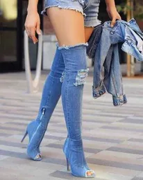 2020 горячие моды женские ботинки высокие каблуки весна осень Peep Toe над сапогами колена жесткие высокие жилетники джинсы сапоги Y0914