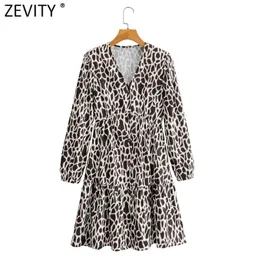 Kobiety Vintage V Neck Animal Skin Print Platy Mini Sukienka Femme Rękaw Puff Piersed Casual Casual Chic Wzburzyć Vestido DS4677 210420