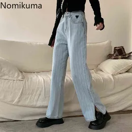 Nomikuma jeans kvinnor byxa koreanska kärlek hjärta hög midja långa byxor kausal split demin wide ben byxor pantalones de mujer 6h276 210427