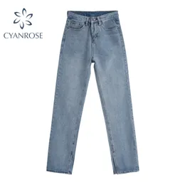 Spring High Waist Jeans Donne Blue Chic Pantaloni Matita Pantaloni orlo Spalato Slipato Retro Relax Street Straight Over Light Pants 210708