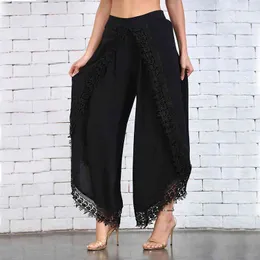 Pants Women Black High Waist Causal Plus Size Wide Leg Elastic Harem Lace Dance Elegant Trousers 210428