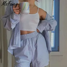 Msfancy Sommer Kurze Sets Frauen 2021 Langarm Hemd Pyjamas Blau Gestreiften Hohe Taille Shorts Mujer Zwei Stück Set Y0702