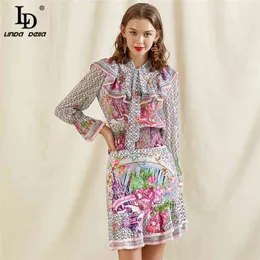 여름 패션 디자이너 스커트는 여성의 활 칼라 러프를 설정 셔츠와 빈티지 스커트 두 조각 정장 210522