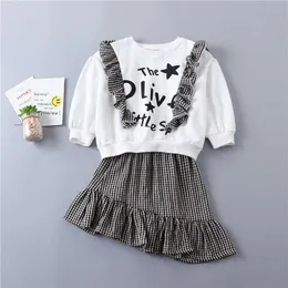 0-6 years High quality girl clothing set spring preppy style kid children cotton T-shirt+Irregular plaid skirt 210615
