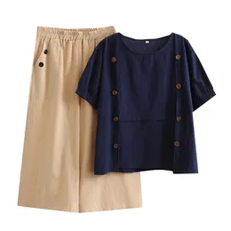 Mulheres de verão definem roupas femininas de tamanho grande 2021 Casual Butter Button Tops Tops e Capri Pants 2 peças se adapta às duas peças femininas