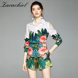 Autumn Runway Green Tropical Jungle Suit Women Sexy Off Shoulder Hollow Out Animal Flower Print Shirt Top and Shorts Set 210416