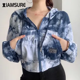 IMSSURE Korean Fashion Streetwear Stroje Tie Dye Cropped Bluzy 2020 Jesień Z Długim Rękawem Dorywczo Zipper Sweatshirts Y0820