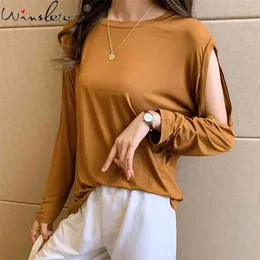 Slit Sleeve Cold Shoulder Solid Women Casual Spring / Autumn T Shirt Proste Tshirt Damska Tee Loose Top T-shirt T07710B 210421